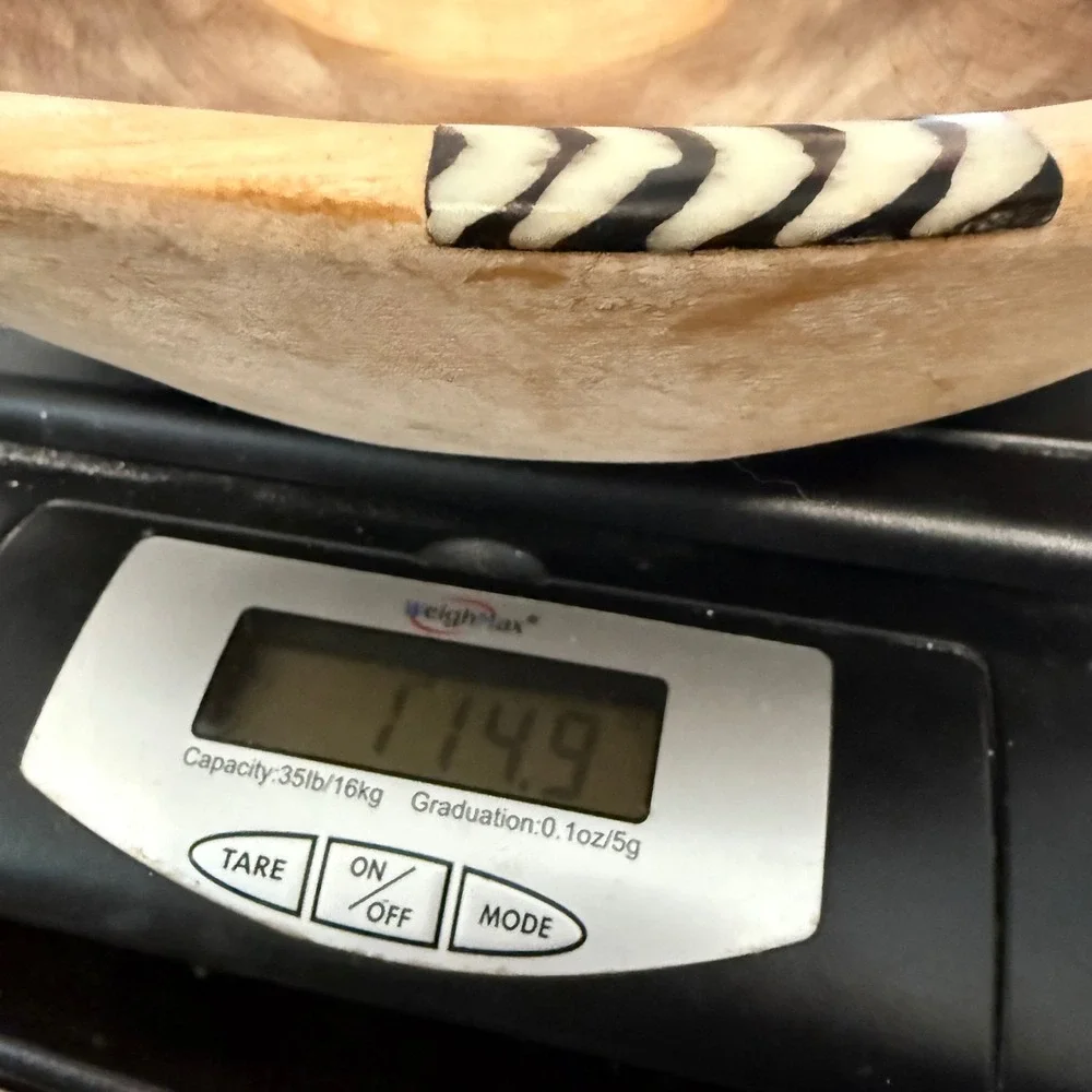 Hand Carved Wooden Bowl with Zebra Pattern Bone Inlay Tribal Boho Decor 11.5 x3
